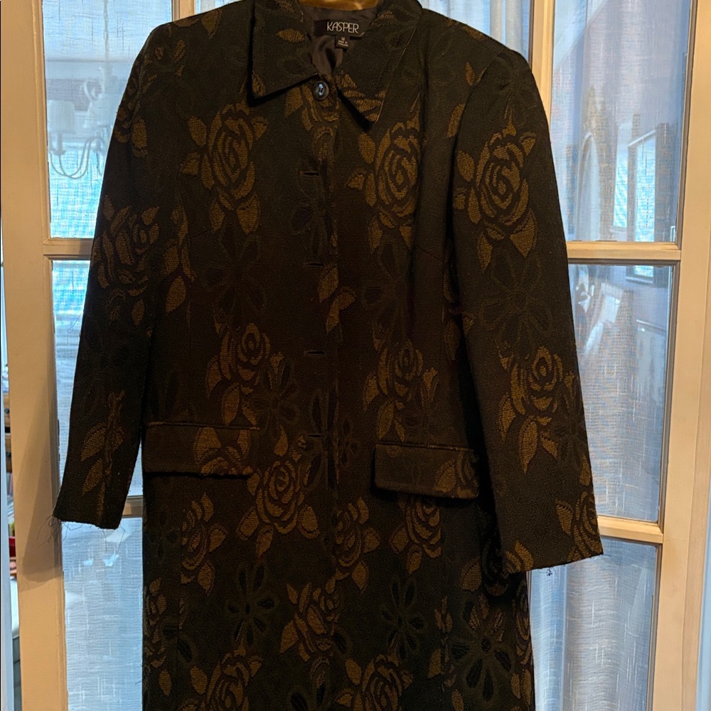 Kasper Black and Gold Floral Trench Coat